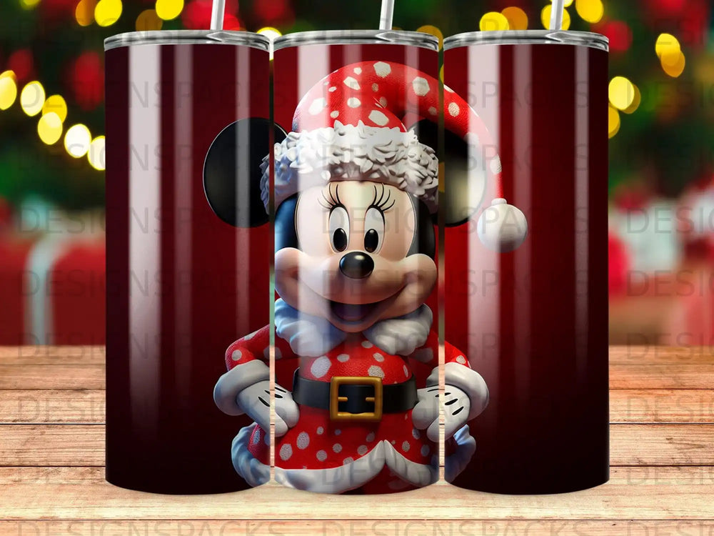 Minnie Mouse in a Santa hat and red polka dot dress on a tumbler.