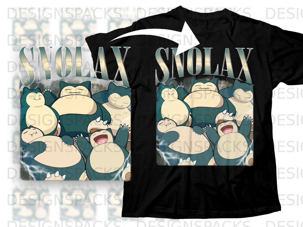 Black t-shirt with Snorlax characters and the word "SNOLAX" in large metallic font.