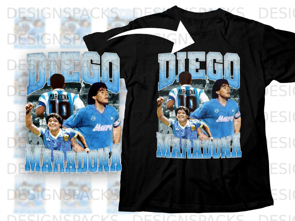 Diego Maradona t-shirt with image of him celebrating, "Maradona 10" text.