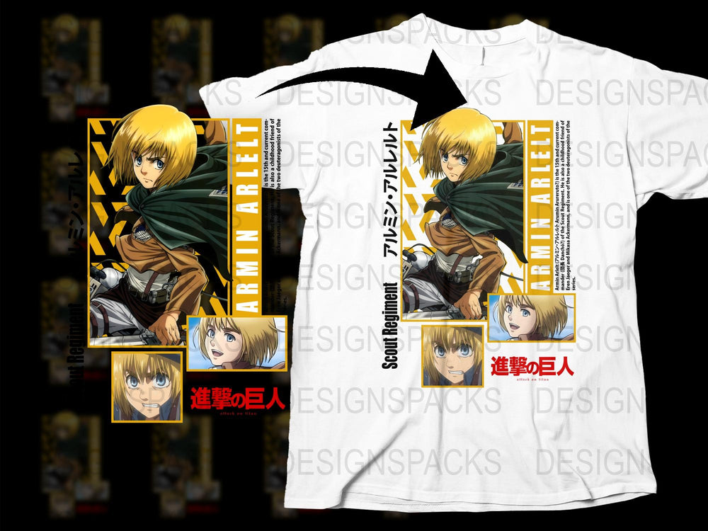 Anime Graphic T-Shirt, Armin Arlert Design, Japanese Text, White Tee, Fan Art, Unisex Clothing