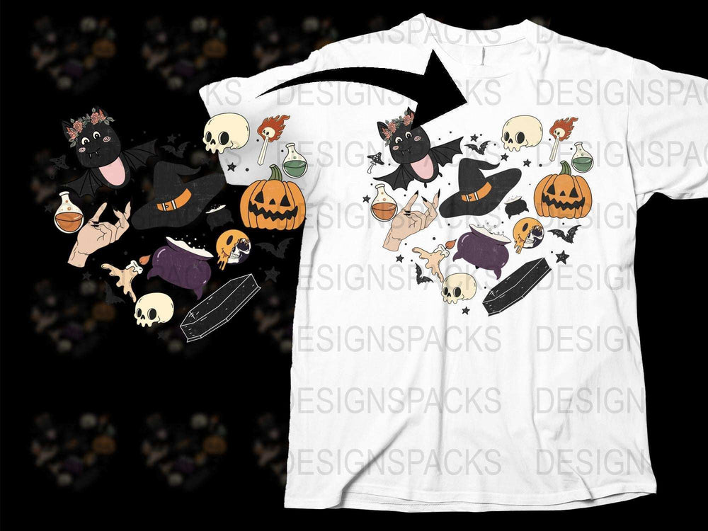Halloween Themed T-Shirt with Cute Cats, Pumpkins, and Ghosts, Unisex Graphic Tee for All Ages