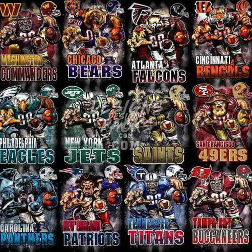 NFL team mascots in dynamic action poses, perfect for DTF/DTG and embroidery designs.