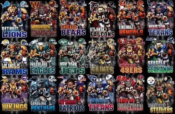 NFL team mascots in dynamic poses, print-ready for DTF/DTG, embroidery, and tumbler wraps