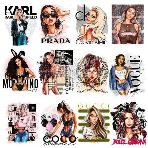 Fashion brand illustrations for DTF DTG embroidery designs featuring Prada, Gucci, Versace, Chanel, Dolce & Gabbana