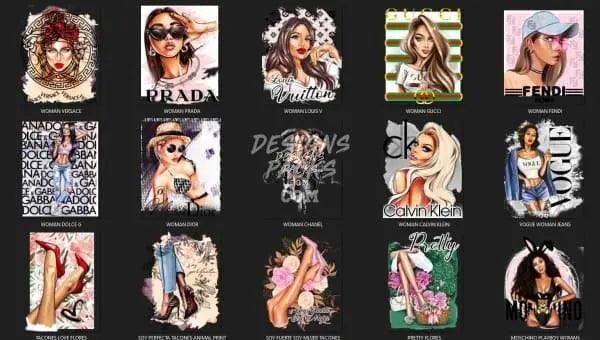 Fashion brand design bundles for DTF DTG embroidery, featuring luxury logos and stylish women graphics
