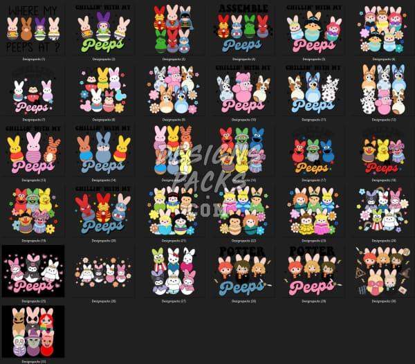 Peeps Easter bunny designs for DTF, DTG, embroidery & tumbler wraps — print-ready PNG, SVG, PES files