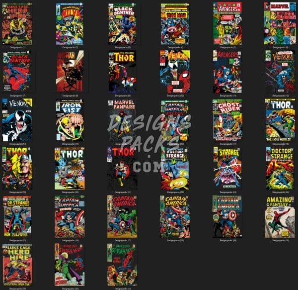 Marvel superhero comic book covers for DTF, DTG, embroidery & tumbler wrap designs – print-ready PNG, SVG, PES