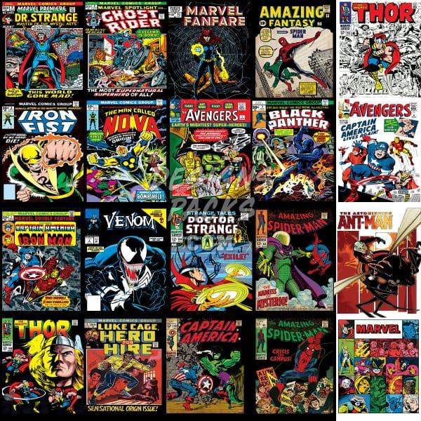 Marvel comic book covers featuring Spider-Man, Thor, Iron Man, Captain America, Venom, and Black Panther