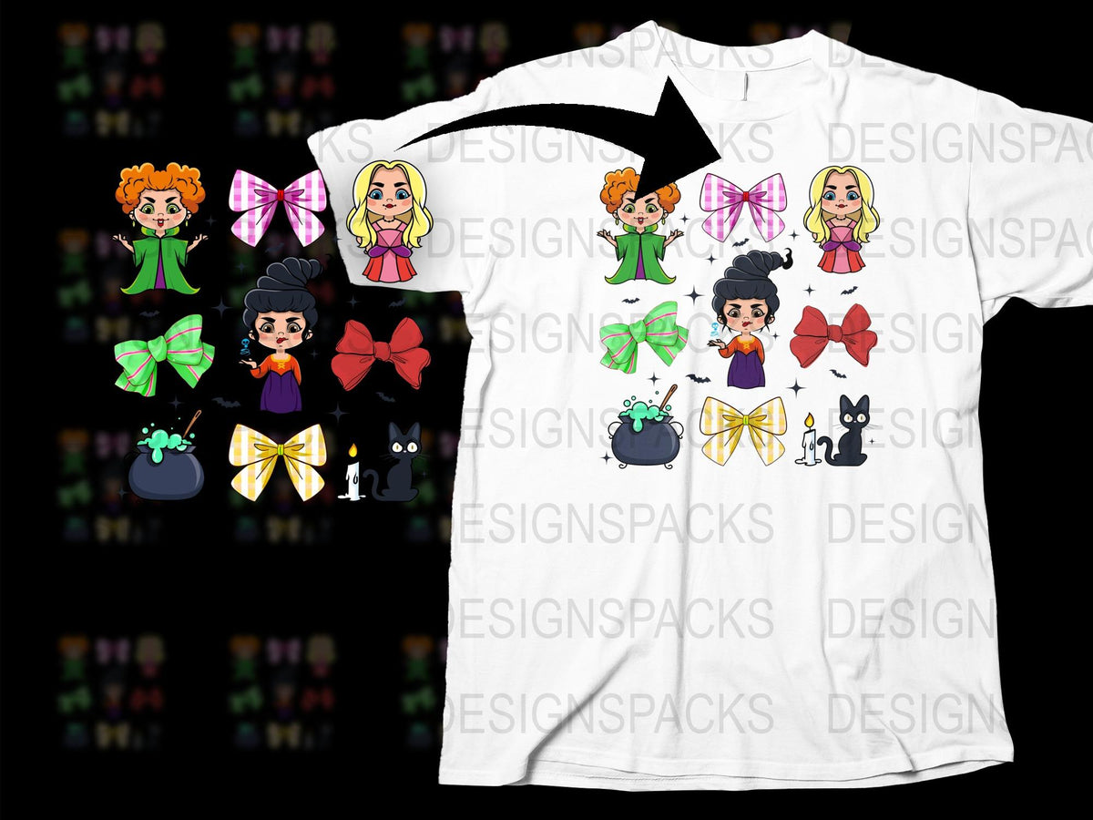 Cartoon Witch and Cute Cats Halloween T-Shirt, Graphic Tee for Women, Spooky Fun Shirt, Holiday Apparel
