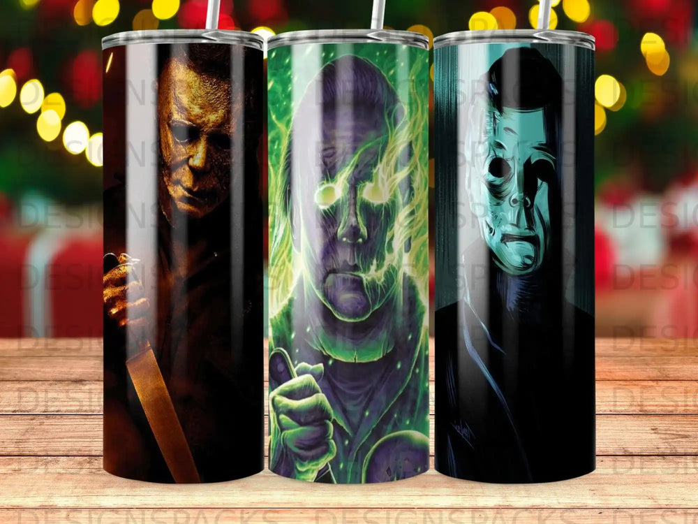 Three horror movie villains Michael Myers, Freddy Krueger, and Jason Voorhees on tumblers.
