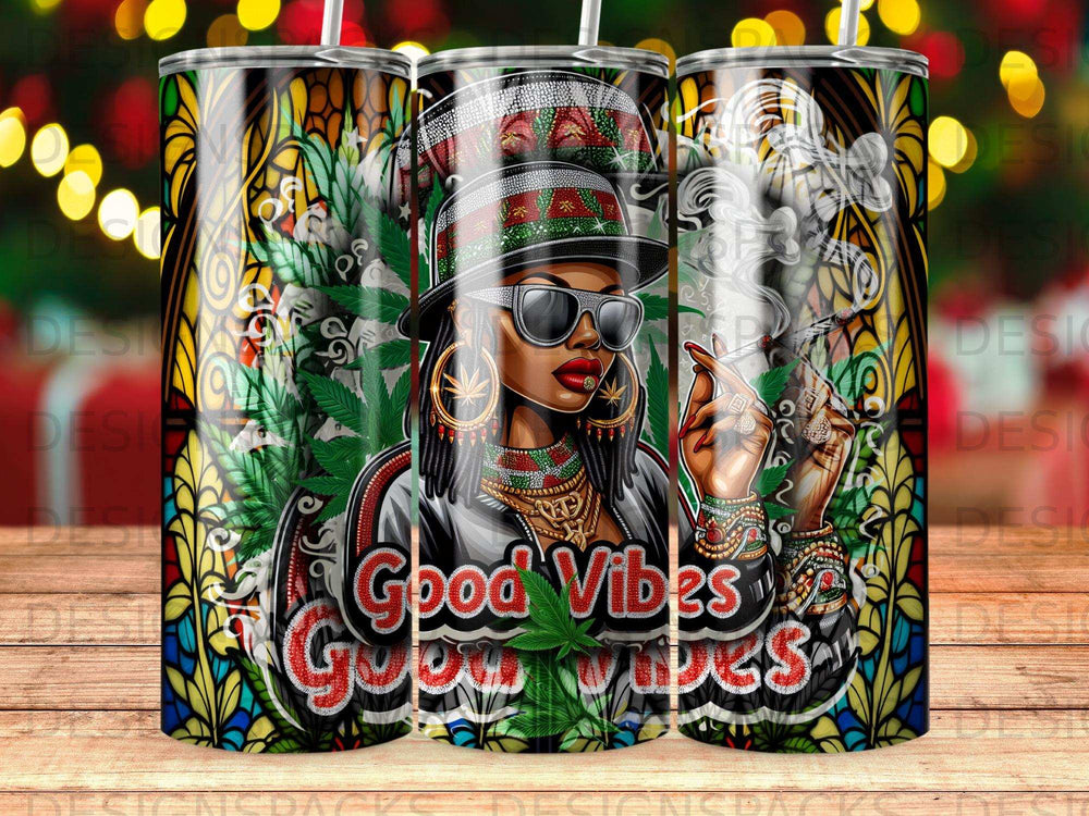 Woman in hat and sunglasses smoking, with "Good Vibes" text.