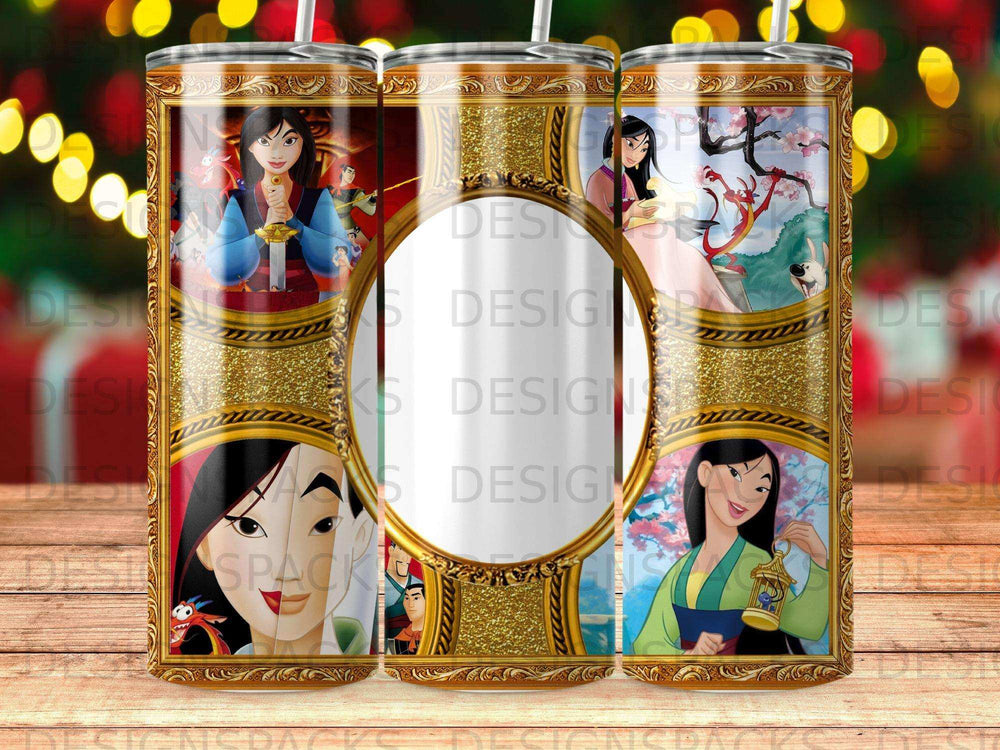 Mulan in three framed vignettes against a gold and floral patterned background.