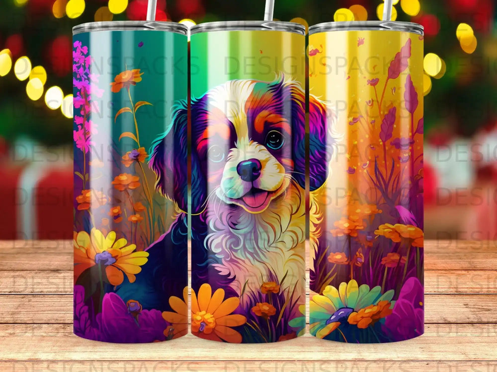 Tumbler with colorful dog and floral pattern.