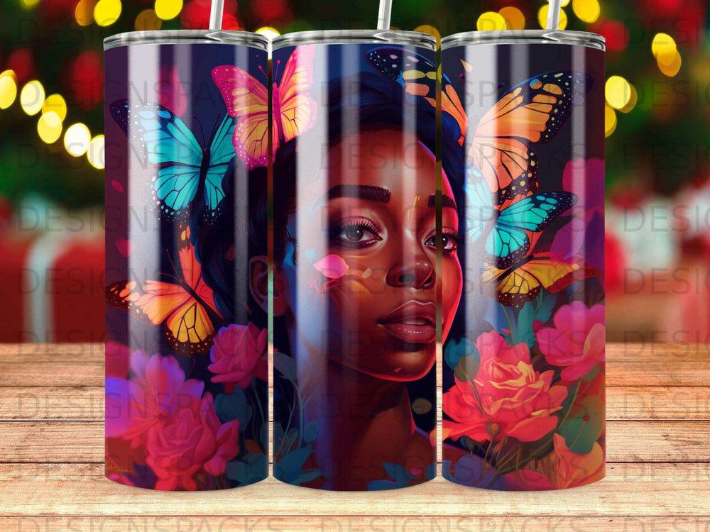 Woman with butterflies and flowers on a tumbler.