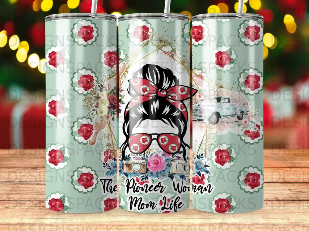 Tumbler with floral pattern, sunglasses, and text "The Pioneer Woman Mom Life".