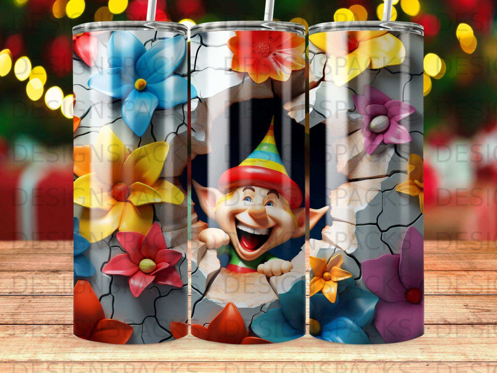 Elf peeking through cracked wall with colorful flowers.