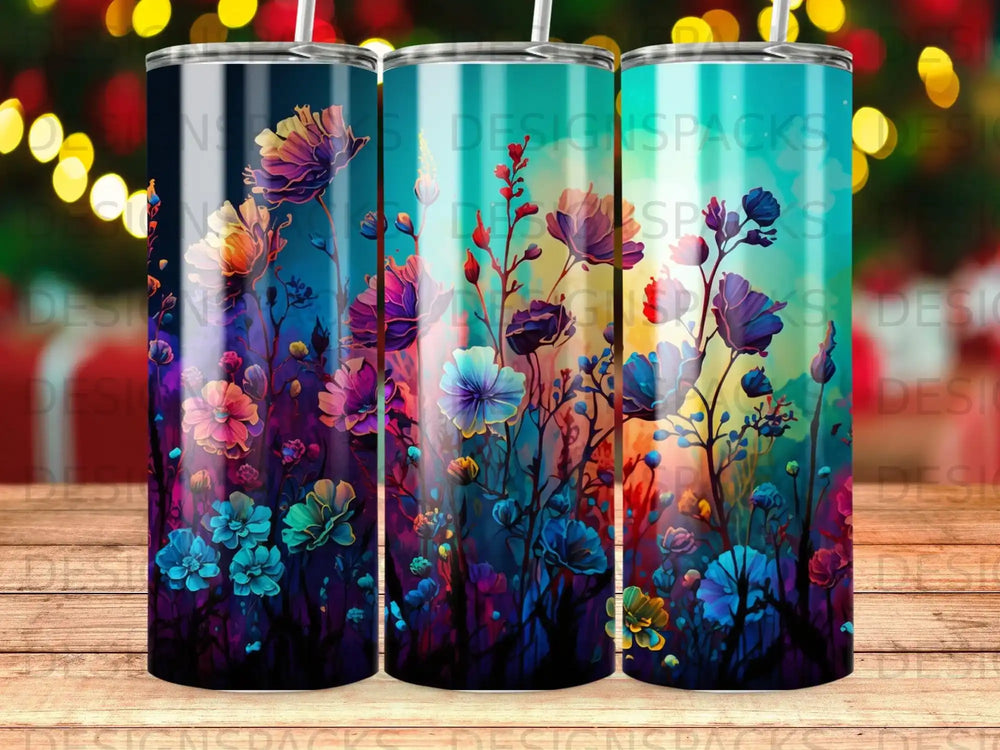 Three tumblers with colorful floral designs on a dark background.