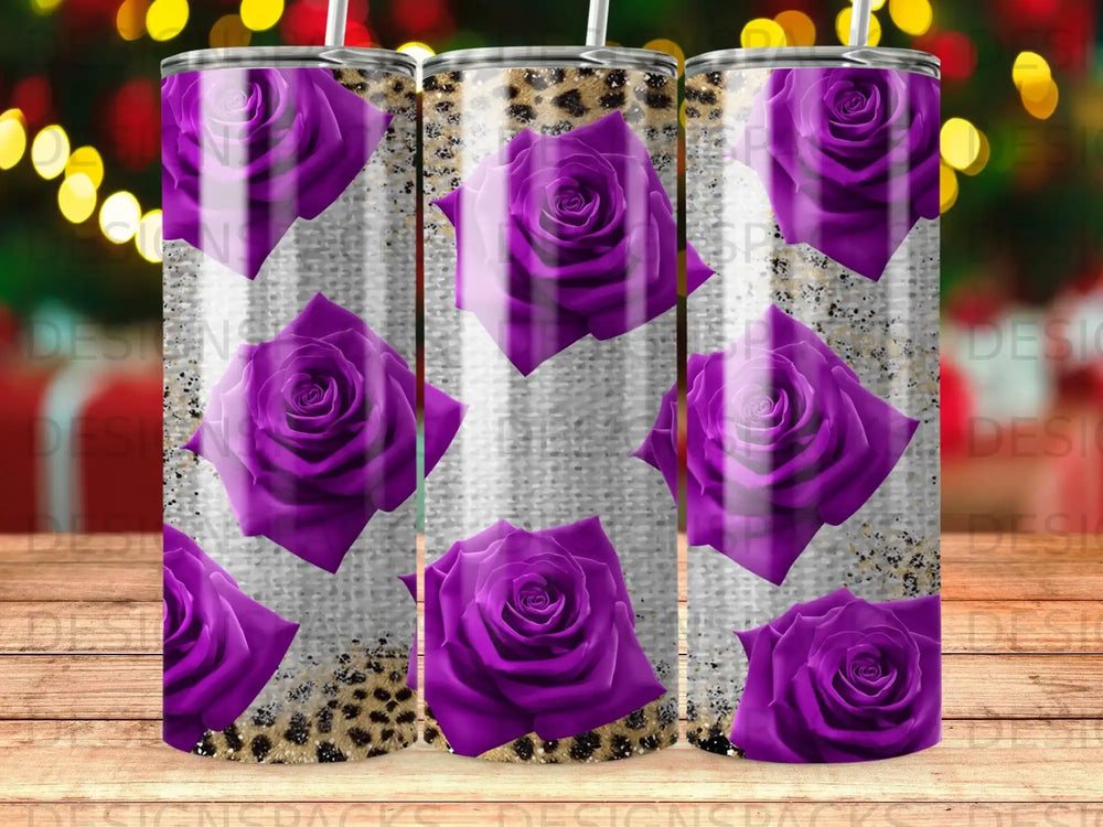 Purple roses with leopard print and glitter on a tumbler.