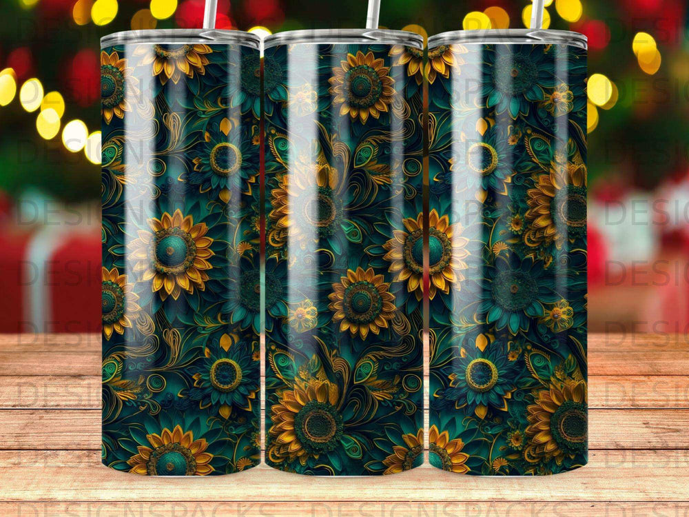 Sunflower and peacock feather pattern on a tumbler with straws.