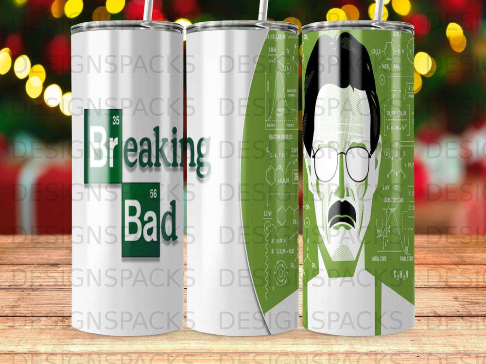 Breaking Bad tumbler with chemical reaction diagrams and text.