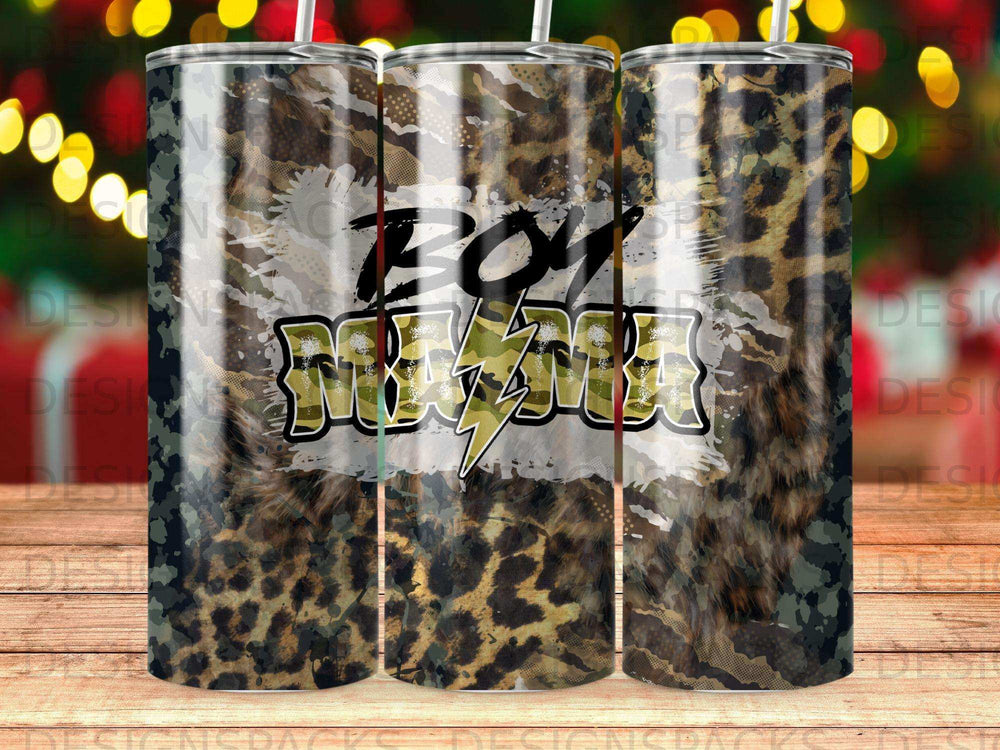 "Boy Mama" tumbler with leopard and camouflage patterns.