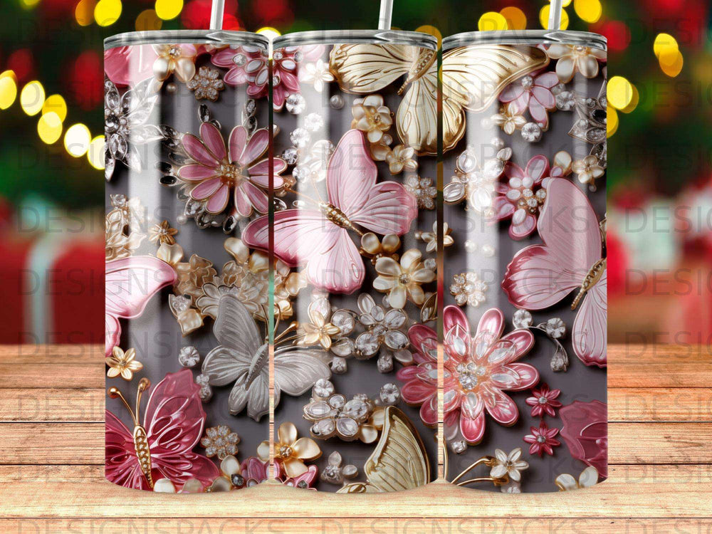 Tumbler with butterflies and floral designs, blurred bokeh background.
