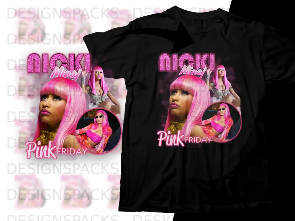 Nicki Minaj "Pink Friday" album art on a black t-shirt.