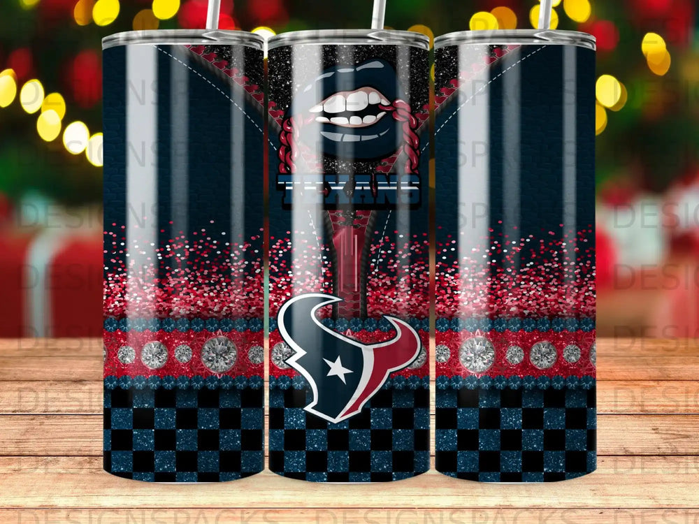 Houston Texans logo on a tumbler with red glitter and checkered pattern.