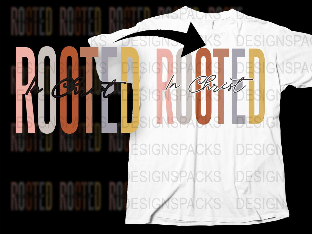 Christian T-Shirt Rooted In Christ Quote, Faith-Based Inspirational Typography Tee in White