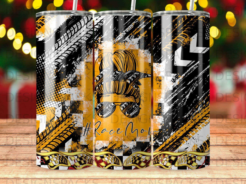 Tumbler with checkered flag, tire tracks, and messy bun woman illustration.