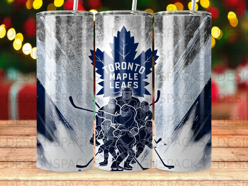 Toronto Maple Leafs logo with hockey players and stylized ice hockey sticks.