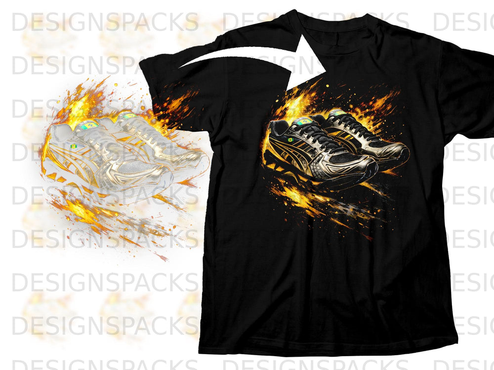 Black t-shirt with a graphic of black and gold running shoes engulfed in flames.