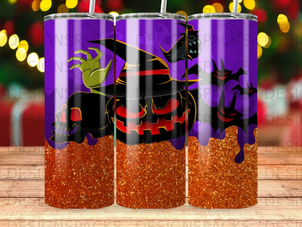 Halloween tumbler with pumpkin, skull, bats, and glitter accents.