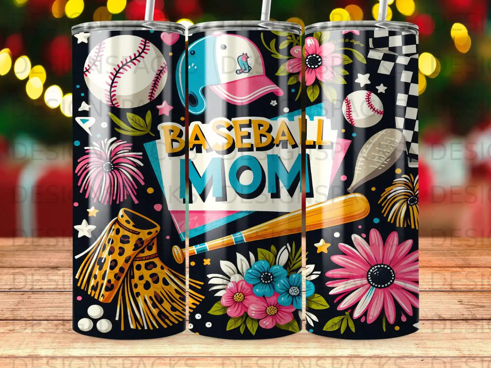 Baseball Mom tumbler with bats, flowers, and checkered pattern.