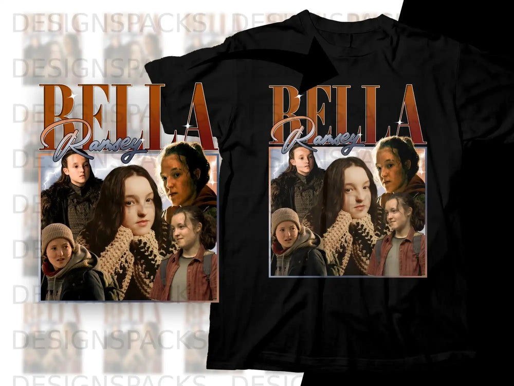 Collage of Bella Ramsey in character from The Last of Us on a black t-shirt.