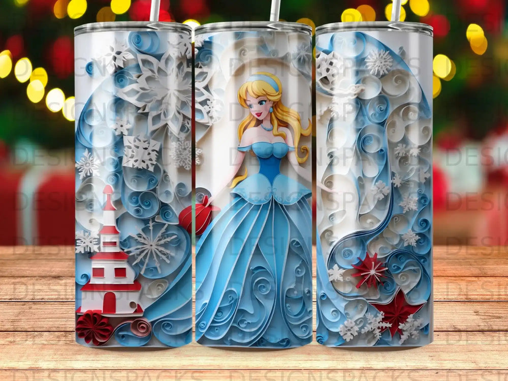 Princess in blue dress with snowflakes and lighthouse, on a tumbler.