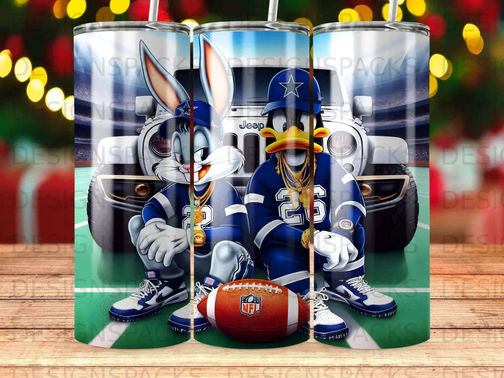 Bugs Bunny and Daffy Duck in Dallas Cowboys gear, sitting in front of a Jeep.
