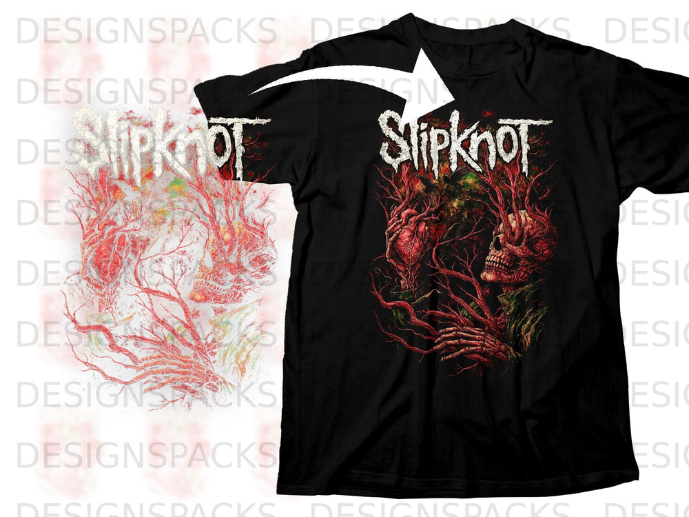 Black t-shirt with Slipknot logo and graphic of skull entwined with branches.