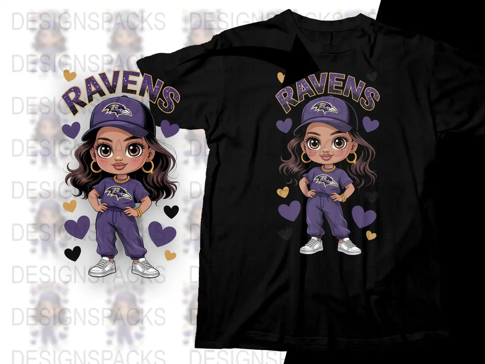 Baltimore Ravens Fan T-Shirt, Cute Cartoon Girl Graphic, Purple Hearts Design, Football Team Apparel