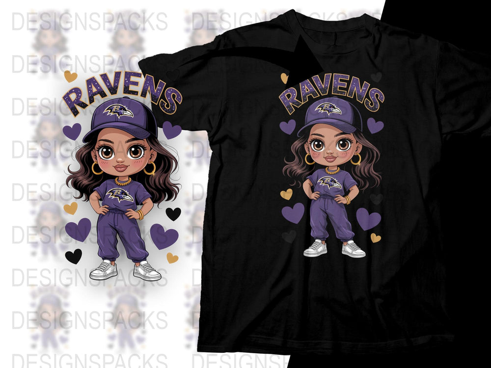 Baltimore Ravens Fan T-Shirt, Cute Cartoon Girl Graphic, Purple Hearts Design, Football Team Apparel