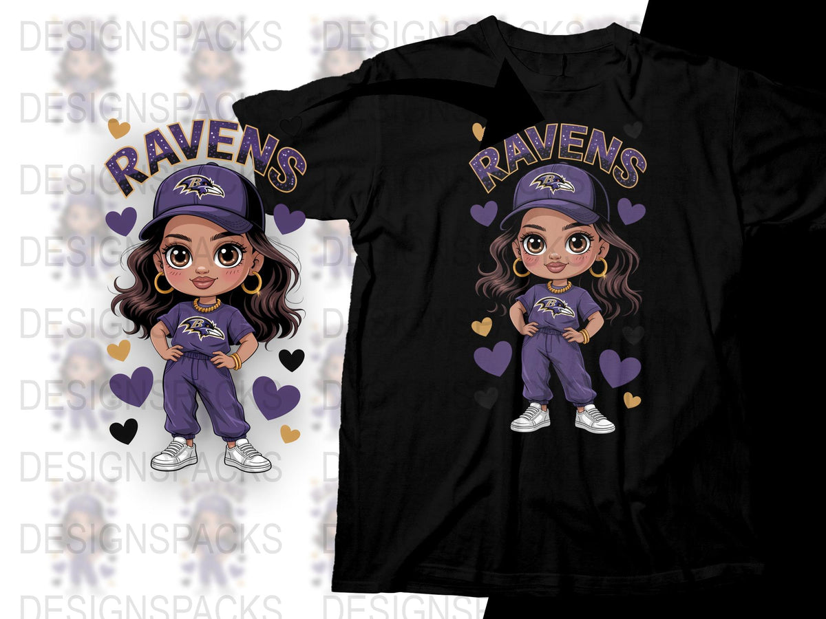 Baltimore Ravens Fan T-Shirt, Cute Cartoon Girl Graphic, Purple Hearts Design, Football Team Apparel