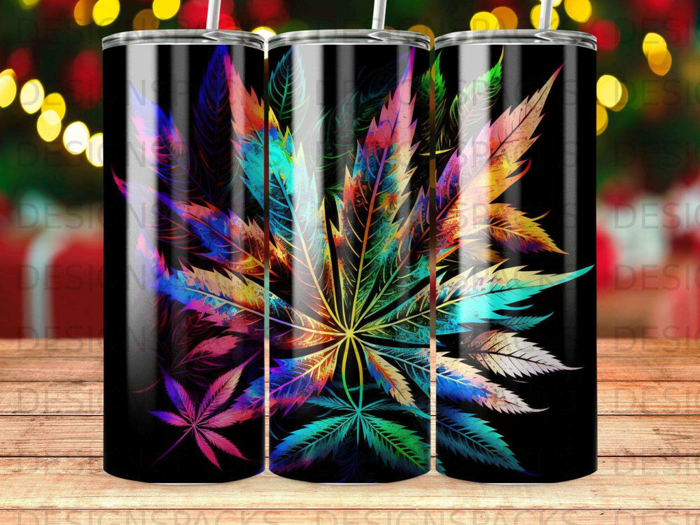 Colorful marijuana leaf design on a black background.