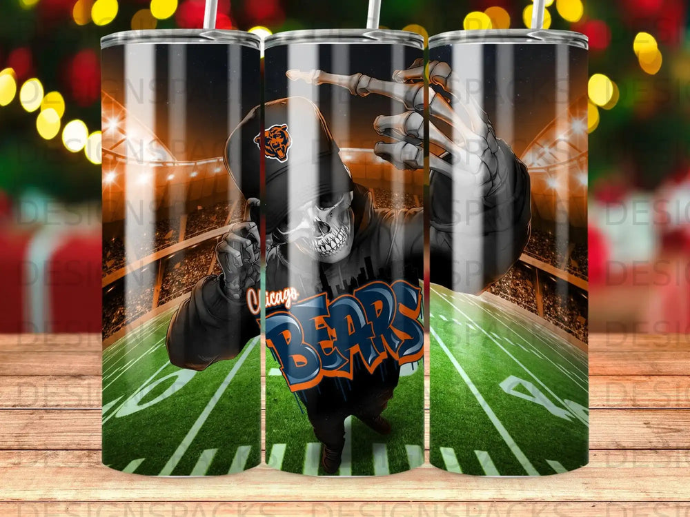 Chicago Bears skeleton in hoodie pointing with text overlay on football field.
