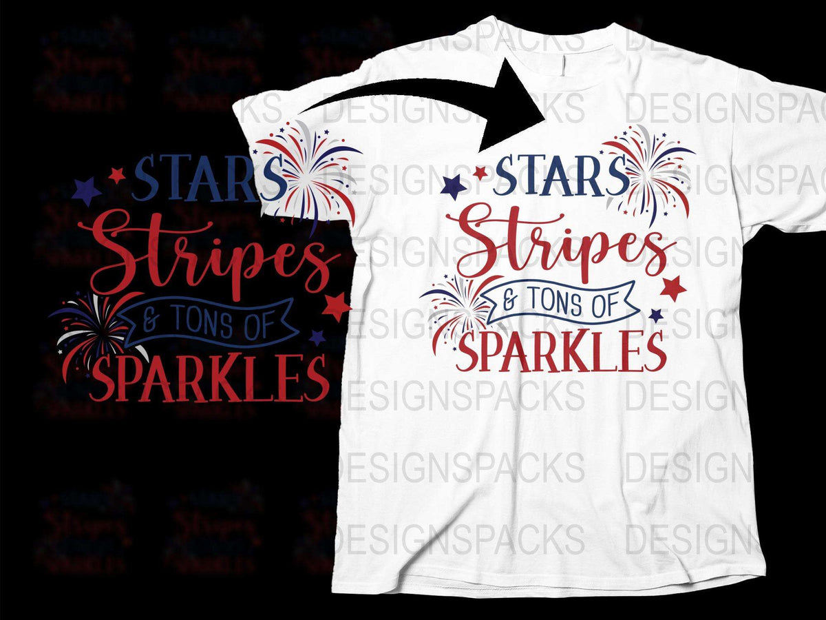 Patriotic T-Shirt Stars Stripes and Sparkles Graphic Tee for Fourth of July, Independence Day Shirt, Unisex Adult Clothing
