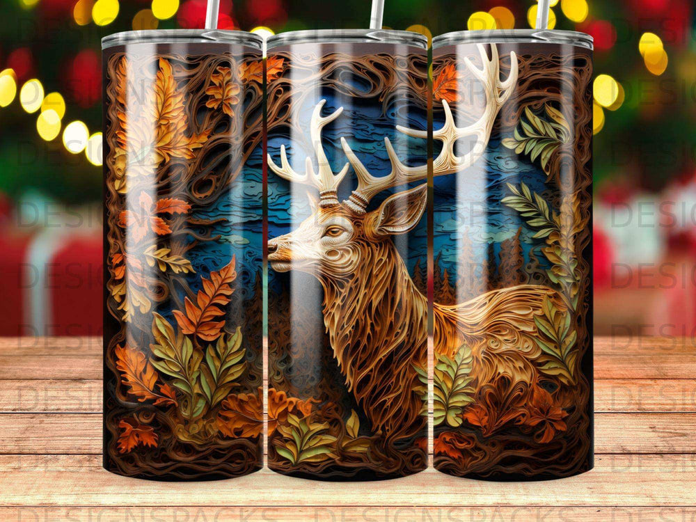 Brown deer with antlers amidst autumn leaves and blue sky.