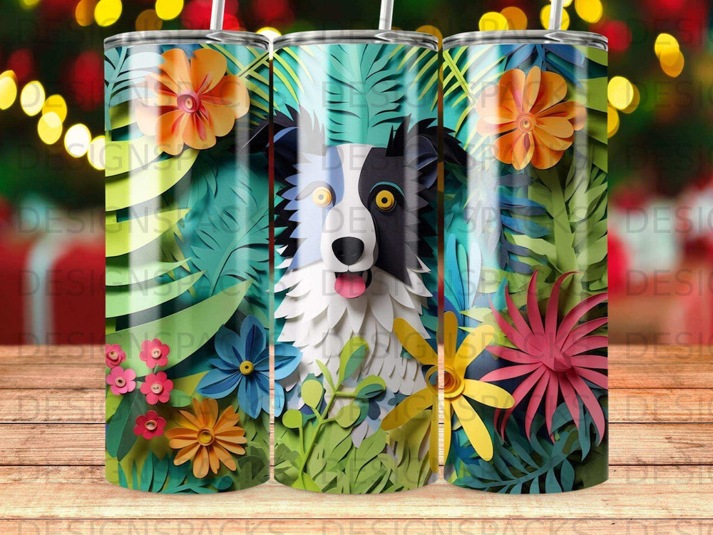 Border collie with tropical leaves and flowers, on a patterned tumbler.