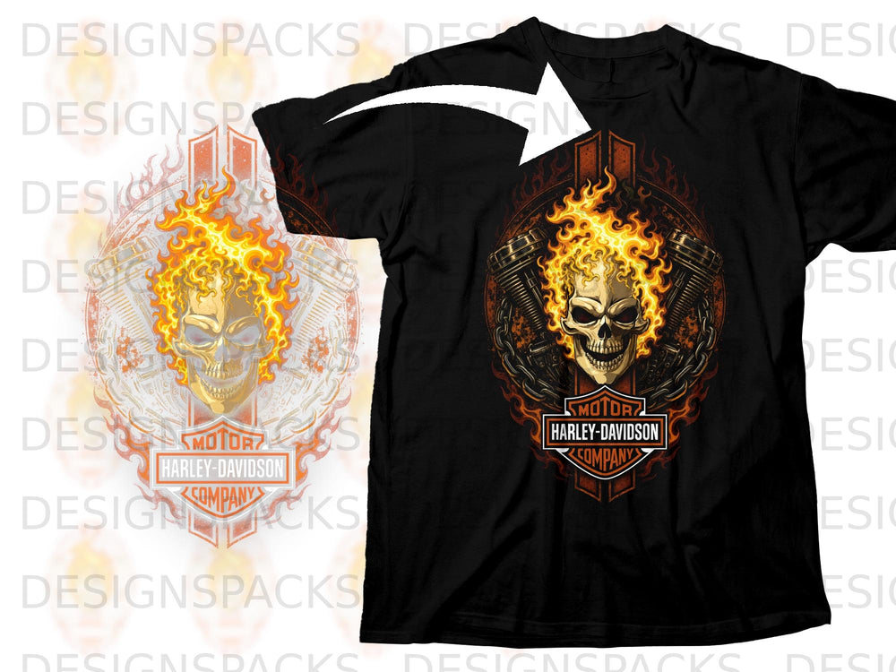 Black t-shirt with flaming skull, motorcycle engine, and Harley-Davidson logo.