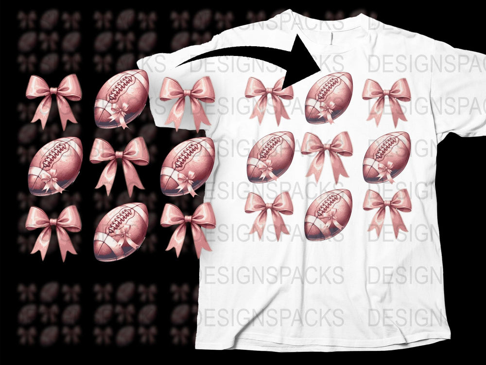 Sports Themed T-Shirt with Pink Bow Decorated Footballs, Unique Athletic Apparel, Gift for Sports Fans