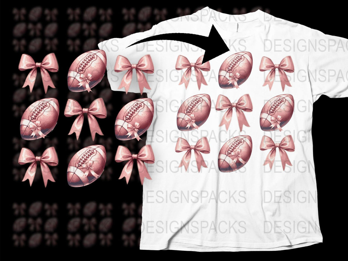 Sports Themed T-Shirt with Pink Bow Decorated Footballs, Unique Athletic Apparel, Gift for Sports Fans
