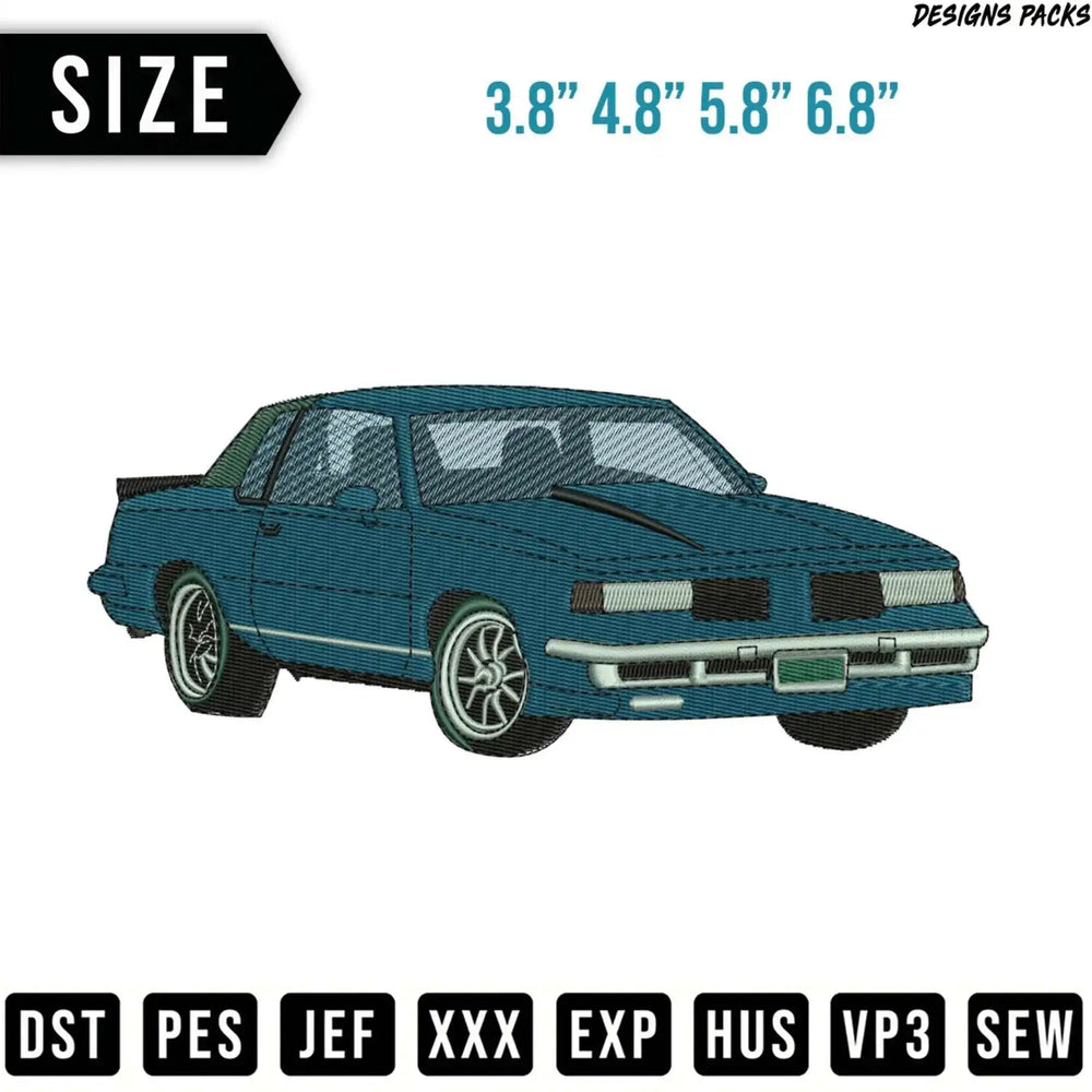 Teal classic car embroidery design, sizes 3.8" to 6.8".